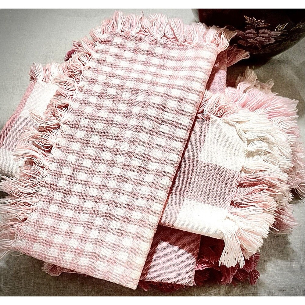 Set of 6 Pink Gingham Fringe Placemats Cottage Farmhouse Table Linens